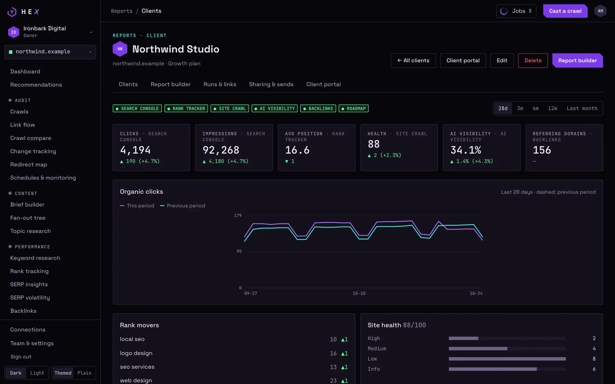 Hex client dashboard with clicks, impressions, average position, site health and AI visibility