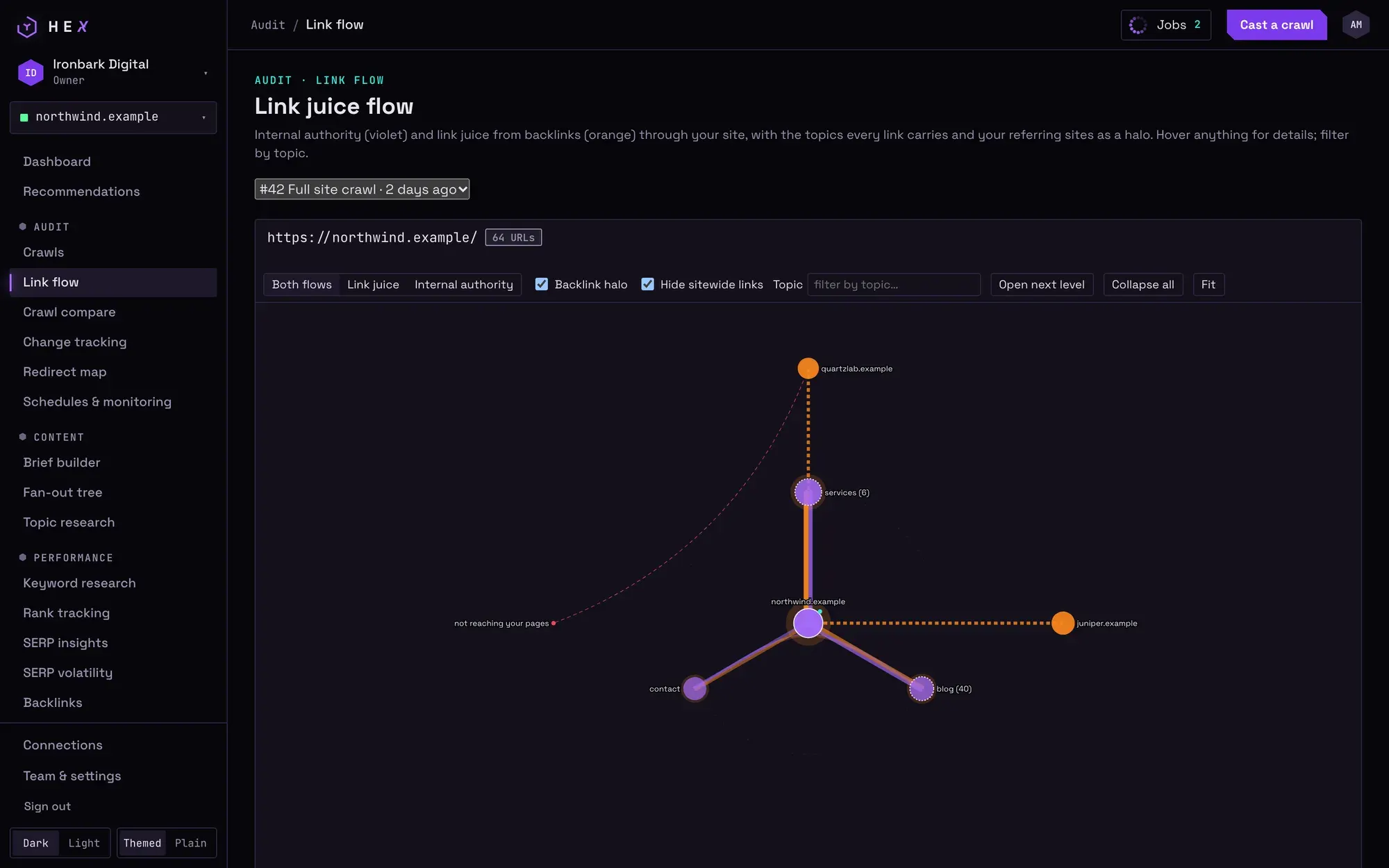 Hex link flow map showing internal authority and backlink equity flowing through a site
