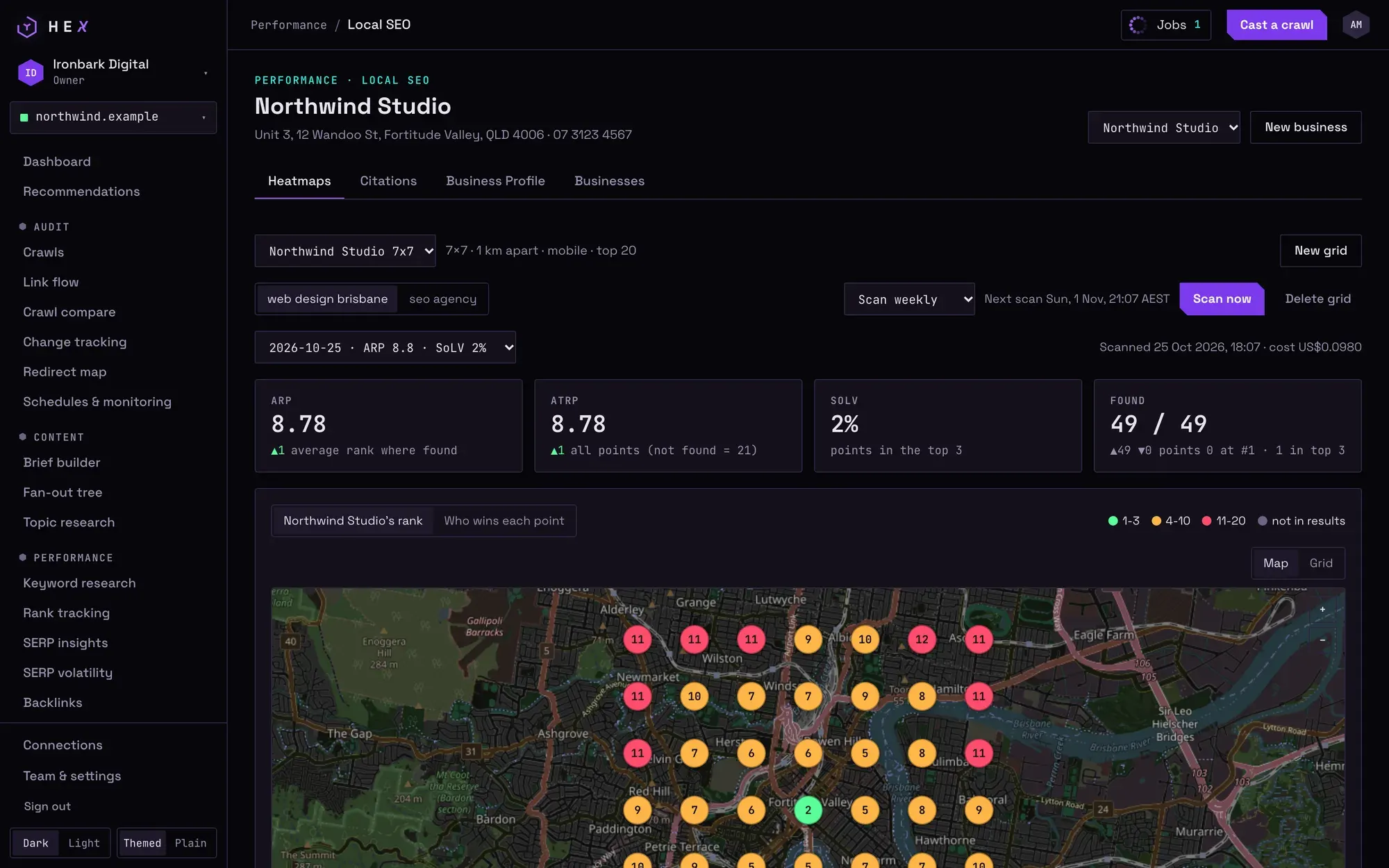 Hex local SEO heatmap: Google Maps rank at each grid point around a business, with average rank and share of local voice