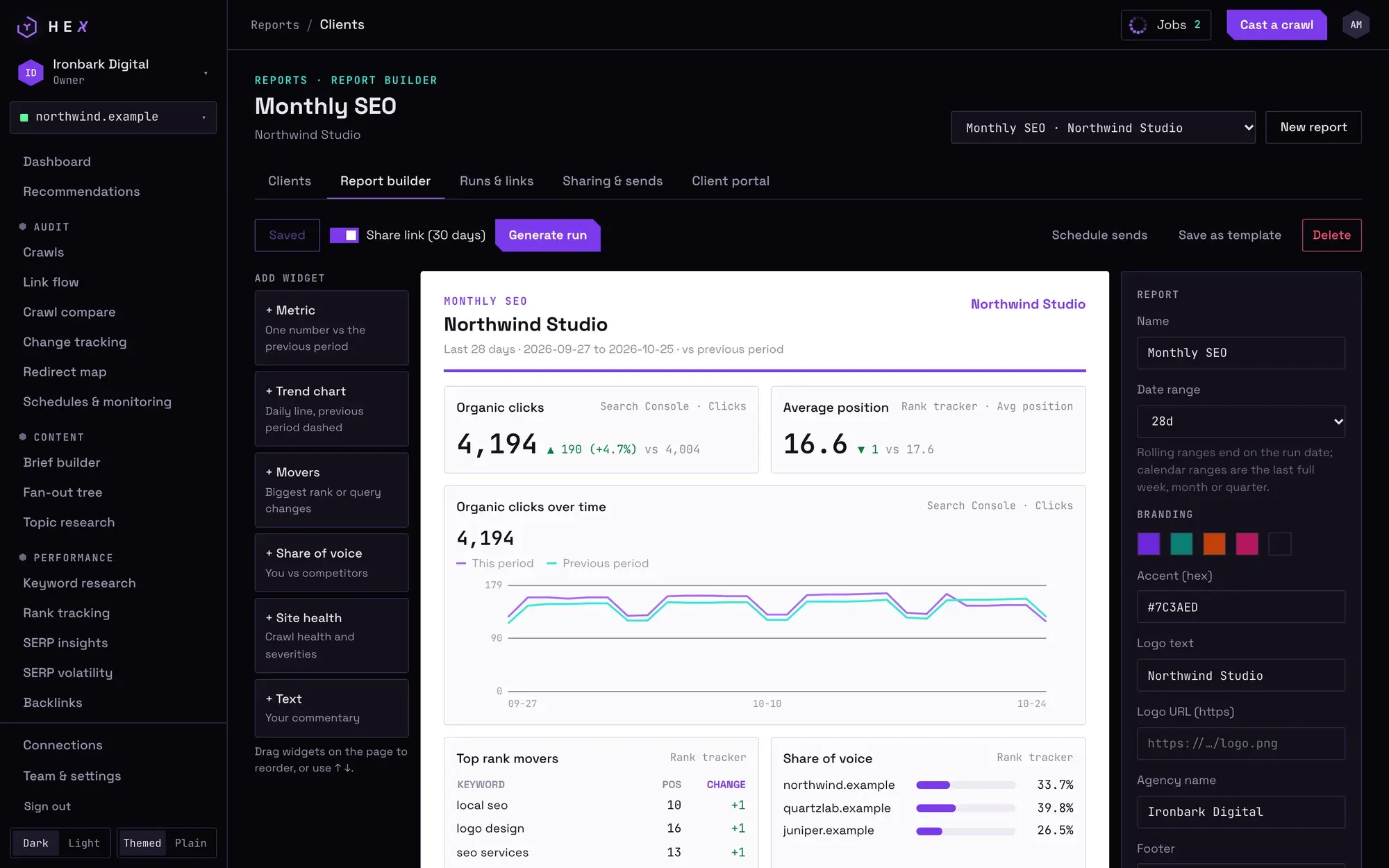 Hex report builder with widgets on the left and a branded report preview